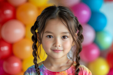 Fototapeta na wymiar A young girl with her hair in pigtails is smiling at the camera. She is wearing a colorful shirt and is surrounded by a bunch of balloons. The balloons are in various colors, including red, yellow