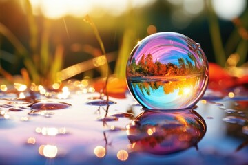 Crystal ball floats in glass of water with bubbles, reflecting sky, light, and nature's colors - obrazy, fototapety, plakaty