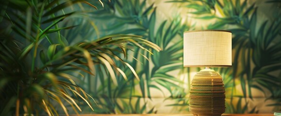 A tropical-themed empty interior wall with palm leaf wallpaper and bamboo accents, evoking a...