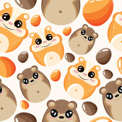 Easter seamless pattern with decorated eggs with orange hamster and beaver and orange eggs for holiday poster, textile or wrapping