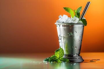 A mint julep cocktail in a silver cup, garnished with fresh mint leaves and a straw, isolated on a gradient background  - obrazy, fototapety, plakaty
