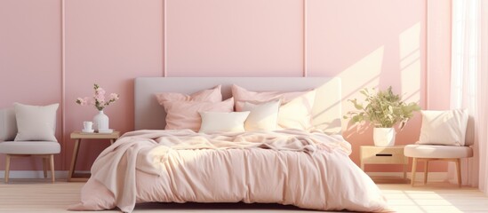 A bedroom with pink walls and white furniture, featuring a set of pillows on the bed placed in front of a window. This image showcases a stylish design in apartment decoration with a soft color