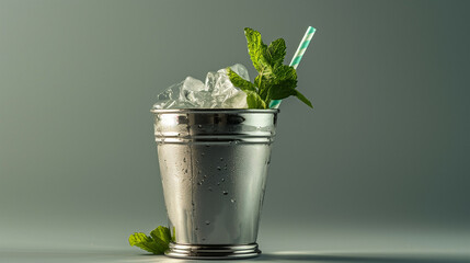 A mint julep cocktail in a silver cup, garnished with fresh mint leaves and a straw, isolated on a gradient background  - obrazy, fototapety, plakaty