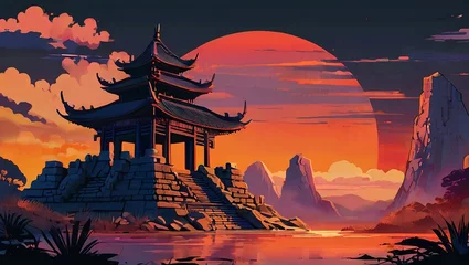 Fotobehang Temple ruins in an ancient asia citys Illustration © wonderland