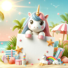 Small cute unicorn holding a blank sign, joyous summer vacation setting at the beach, realistic shaded cartoon style