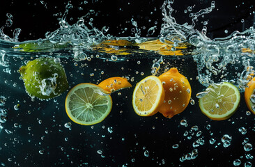 A dynamic photo shows lemons and limes being thrown into water, splashing in the air with droplets and bubbles against a black background
