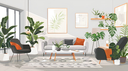 Modern scandinavian interior of living room with design grey sofa, armchair, a lot of plants, coffee table, carpet and personal accessories in cozy home decor
