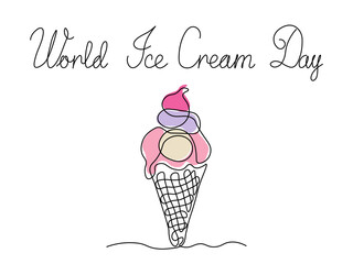world ice cream day. abstract ice cream in a cone,continuous single line art hand drawing sketch