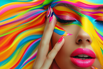 A woman with rainbow hair and colorful makeup. The image is a colorful and vibrant representation of the woman's personality