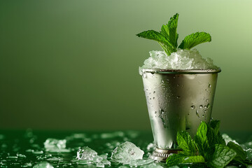 A silver mint julep glassware with crushed ice and mint sprigs, isolated on a gradient background  - obrazy, fototapety, plakaty