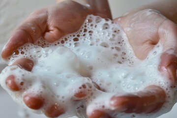 closeup of foaming hand wash on palms and fingers
