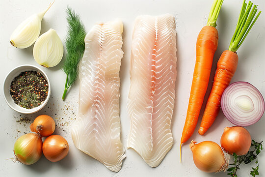 A selection of raw ingredients for making gefilte fish, including fish fillets, onions, and carrots, isolated on a gradient background 