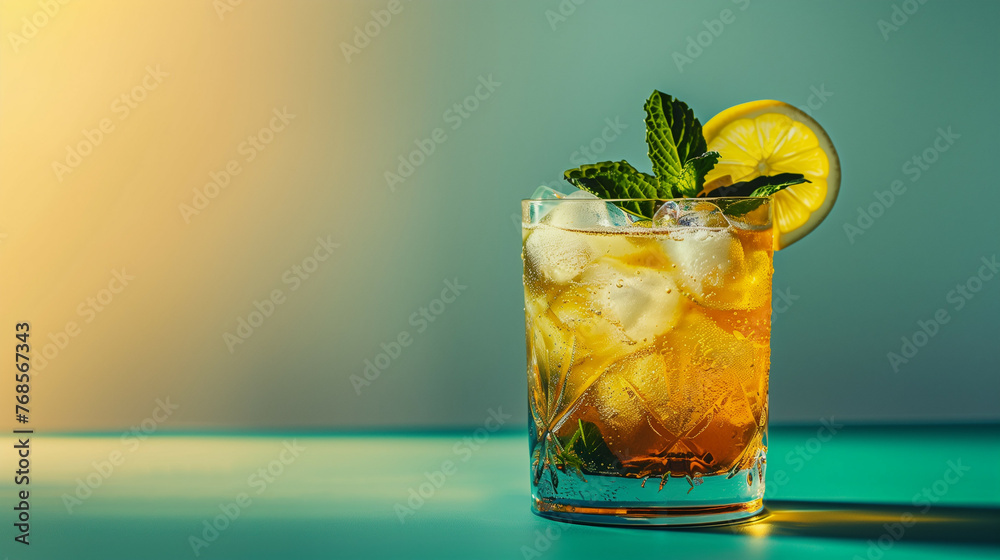 Poster A traditional mint julep drink adorned with a sprig of mint and a slice of lemon, isolated on a gradient background 