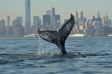 distant whale tail with city skyline in frame