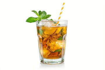 A traditional Mint Julep glass with a straw and garnished with mint, isolated on a white background  - obrazy, fototapety, plakaty