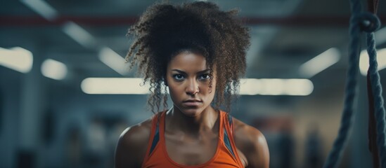 A young African American woman with afro hair is seen in a gym wearing an orange tank top. She appears skeptical and upset while training with battle ropes, displaying a frowning expression. - obrazy, fototapety, plakaty