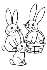 Adorable bunnies in various poses: hopping, sitting, or peeking out from behind Easter baskets.