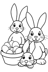 Adorable bunnies in various poses: hopping, sitting, or peeking out from behind Easter baskets.