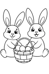 Adorable bunnies in various poses: hopping, sitting, or peeking out from behind Easter baskets.