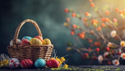 Banner with Easter concept with wicker basket and colourful easter eggs. Bright contrast, - obrazy, fototapety, plakaty