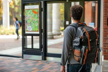 student with backpack looking at campus map near entrance