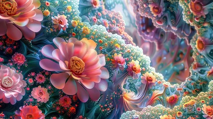 Muurstickers Surreal gardens of abstract flowers blooming amidst swirling vortexes of color, their otherworldly beauty inviting the viewer to lose themselves in a realm of imagination in © AQ Arts