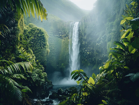 An image depicting an awe-inspiring waterfall cascading into a serene pool in an emerald green forest