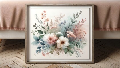 Watercolor Painting of Flowers in Rustic style Frame in Bed Room