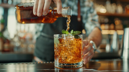 Bartender pouring bourbon into a glass for a mint julep cocktail  - obrazy, fototapety, plakaty
