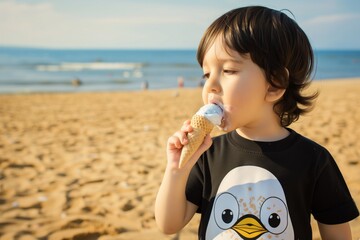 child in penguin shirt licking ice cream at the beach - obrazy, fototapety, plakaty