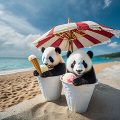 해수욕장 아이스크림 먹방중인 쌍둥이 판다