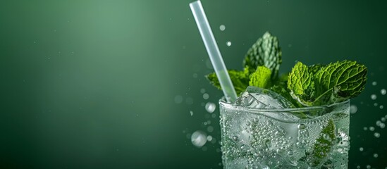 Close-up image of a chilled mint julep glass with condensation droplets, mint sprigs, and a straw, set against a cool, green, gradient background with empty space for text  - obrazy, fototapety, plakaty
