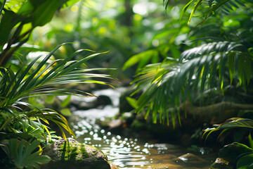 A small stream running through a tropical forest, surrounded by large leafy plants.