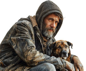 Homeless man with dog isolated on a white background