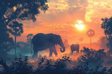 Whimsical Wildlife Gathering, Exotic Animals, Tropical Flora, Children's Book Style, Digital Art