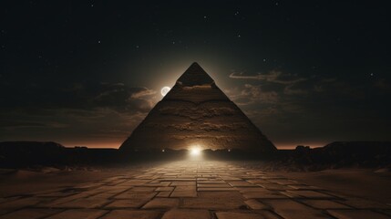 Majestic pyramid on mountain peak illuminated by moonlight, creating a mesmerizing sight