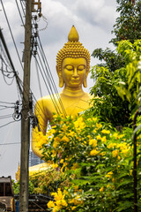 Big Golden Buddha.  Huge golden buddha in Bangkok towering above nearby streets.