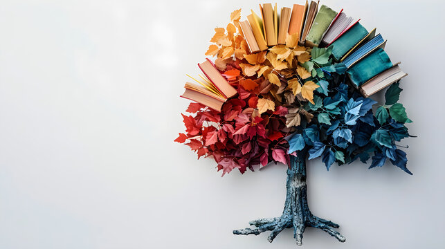 Conceptual image for International Literacy Day with colorful books depicted as leaves on a tree against a white background