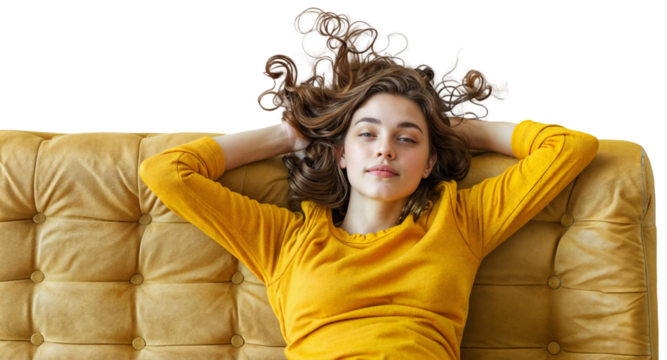 Top down view of a young beautiful brunette woman lying on a yellow sofa, isolated on a white background