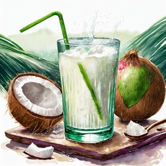 a close-up rendering capturing the essence of a glass brimming with refreshing and hydrating coconut water, a beloved beverage enjoyed during Suhoor in Ramadan. Highlight the clarity and purity of the
