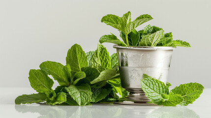 Fresh mint leaves and a silver julep cup for making a mint julep, isolated on a white background  - obrazy, fototapety, plakaty