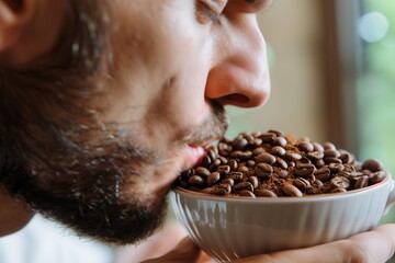man smelling freshly ground exotic coffee beans - obrazy, fototapety, plakaty