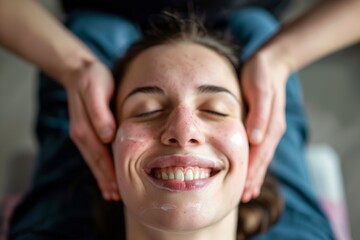 smiling person receiving a head and face massage