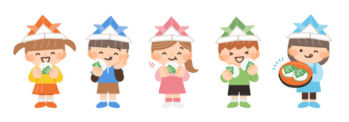 こどもの日に柏餅を食べる子供たちのイラスト素材