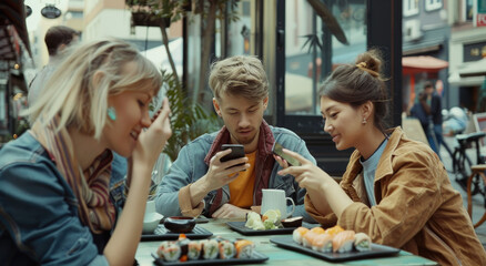 A group of friends gathered around an outdoor table, sharing coffee and sushi