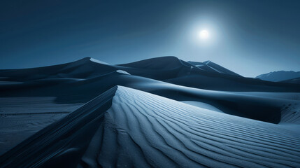 A serene night landscape capturing the majestic sand dunes with a bright full moon illuminating the cool-toned desert