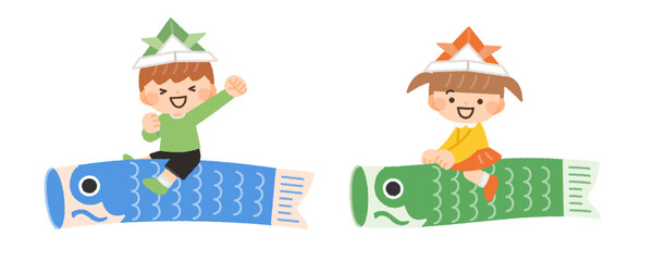 鯉のぼりに乗る子供達のイラスト素材