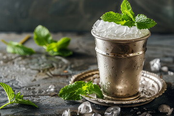 Frosty mint julep served in traditional silver cup with fresh mint  - obrazy, fototapety, plakaty