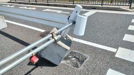 Distorted guardrail, danger, Kyoto, Japan