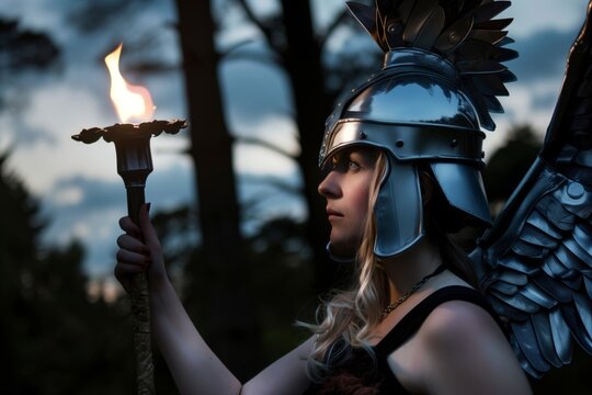 female in winged helmet holding a torch at dusk